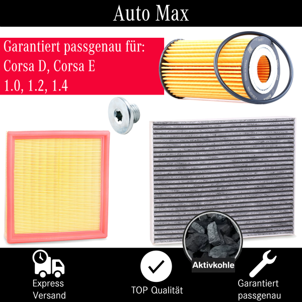 Filterset Inspektionspaket Opel Corsa D | Corsa E | 1.0 1.2 1.4 | Ablassschraube