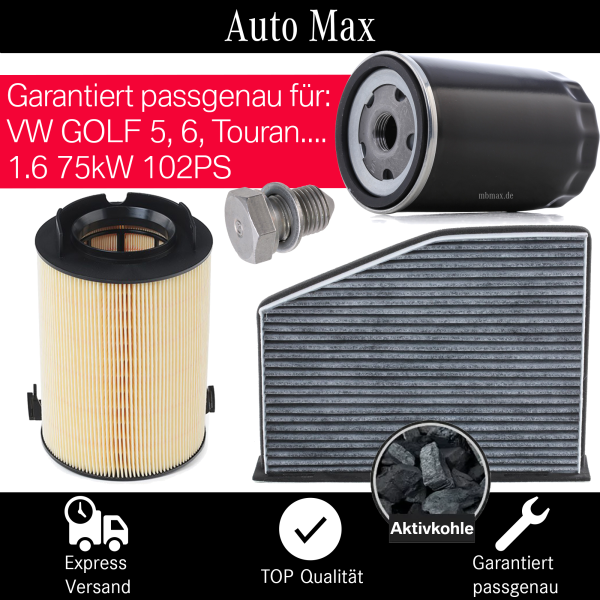 Filterset Inspektionspaket VW Golf 5 6 Touran AUDI A3 | SEAT Altea | 1.6 102PS