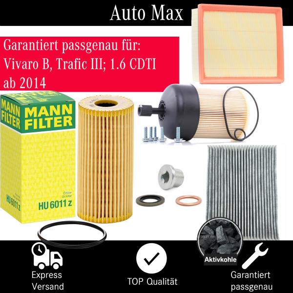 Filterset Inspektionspaket OPEL VIVARO B | RENAULT TRAFIC 3 III | 1.6 CDTI