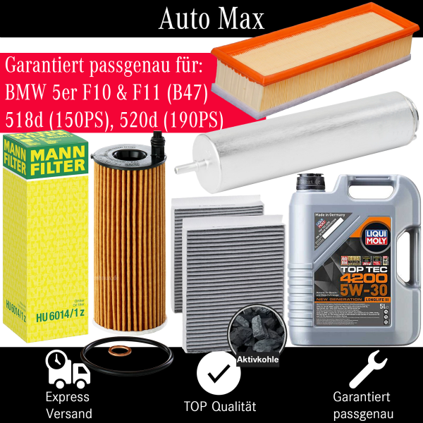 Filterset Inspektionspaket BMW 5er F10 Touring F11 518d 520d B47 | Liqui Moly Öl