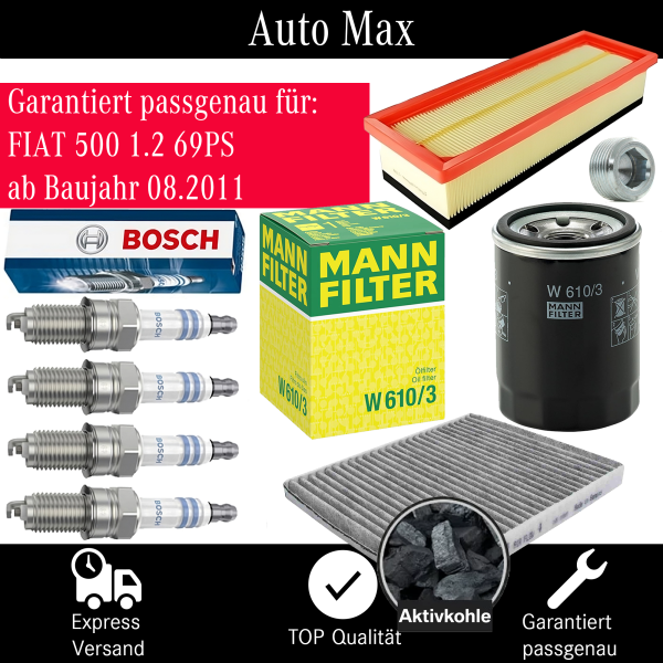 Filterset Inspektionspaket FIAT 500 ab 2012 | Aktivkohle | BOSCH Zündkerzen 69PS