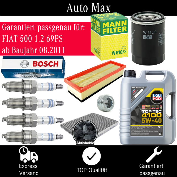 Filterset Inspektionspaket FIAT 500 ab 2012 | Aktivkohle | BOSCH Zündkerzen 69PS