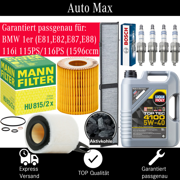 Filterset Inspektionspaket BMW 1er E81 E87 | 116i | 115PS 116PS | + 5W-40 ÖL