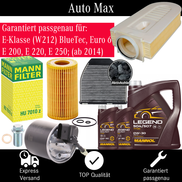 Filterset Inspektionspaket MERCEDES E-KLASSE W212 E200 E220 E250 Euro 6 0W-30 Öl